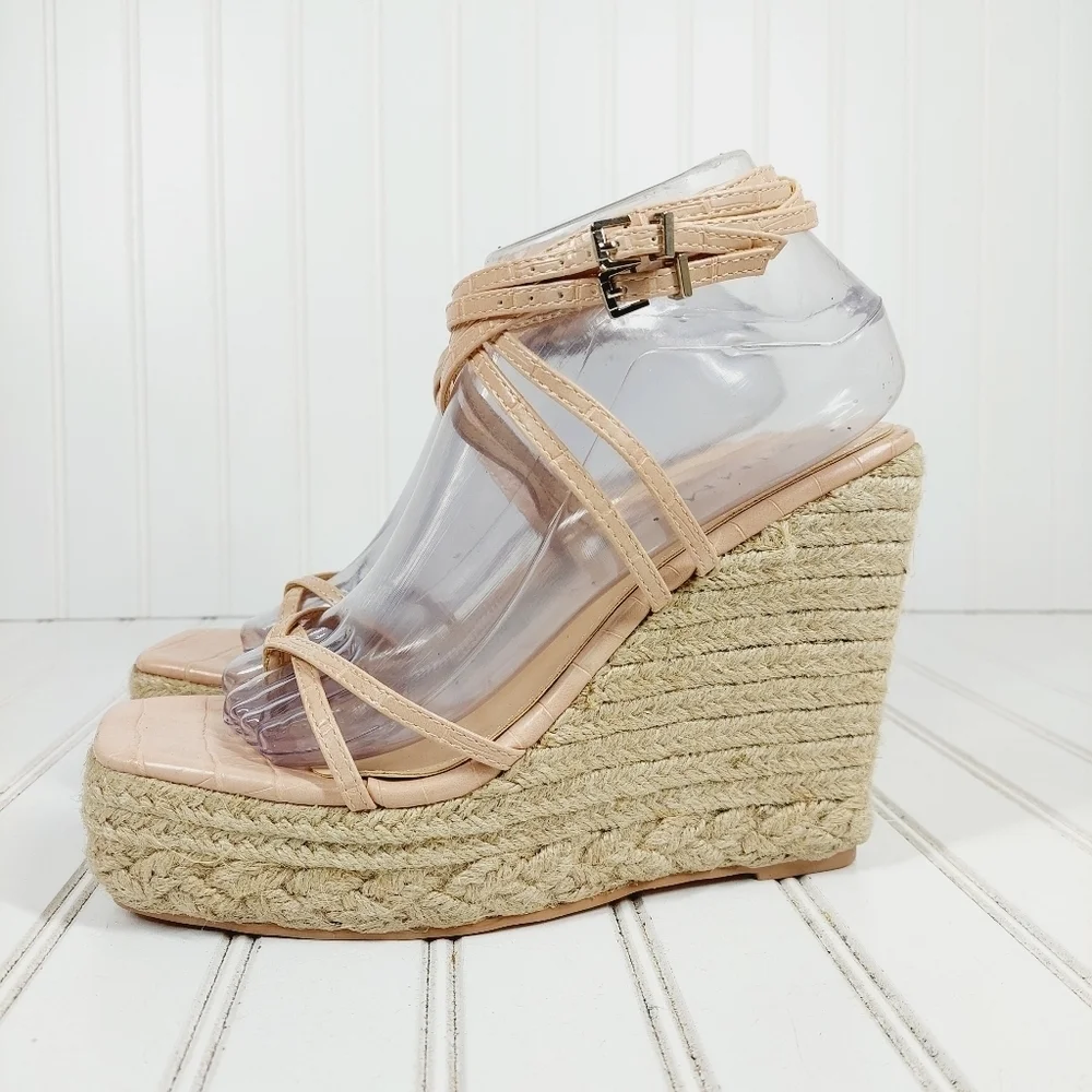 NEW Simmi Fabiana Nude Faux Croc Print Strappy Buckle Wedge Summer Sandals I547